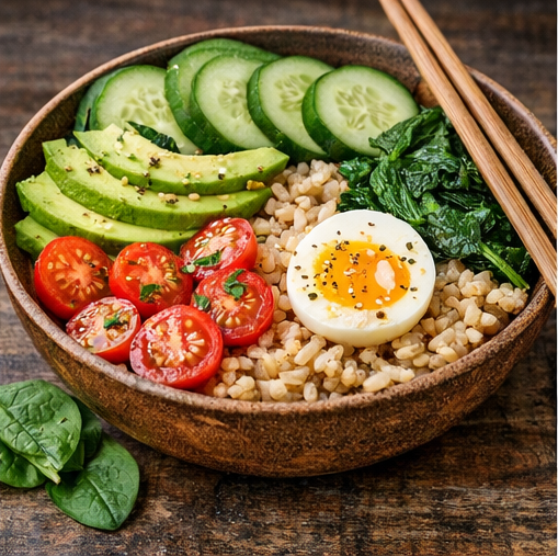 Bowl de arroz integral con palta y huevo
