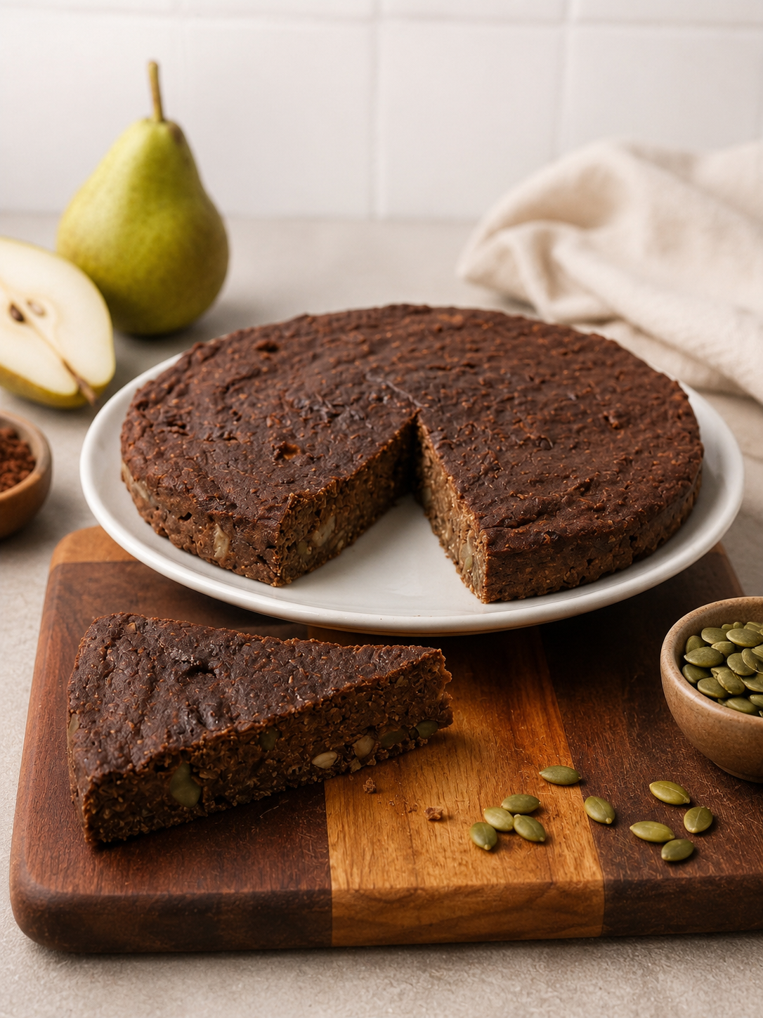Torta de pera , cacao , algarroba con semillas de zapallo