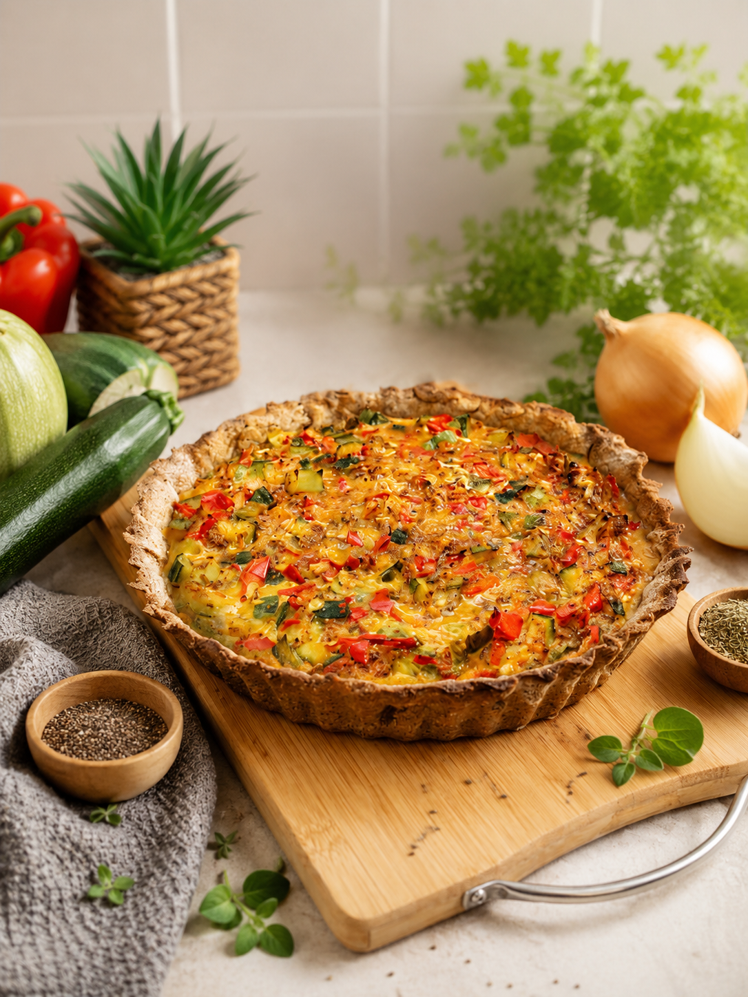 Tarta de zucchini y zapallitos con masa integral, trigo sarraceno y chía