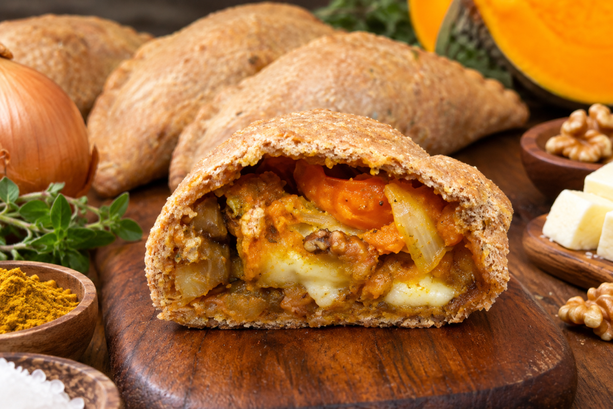 Empanadas integrales de calabaza, cebolla caramelizada, nueces y mozzarella
