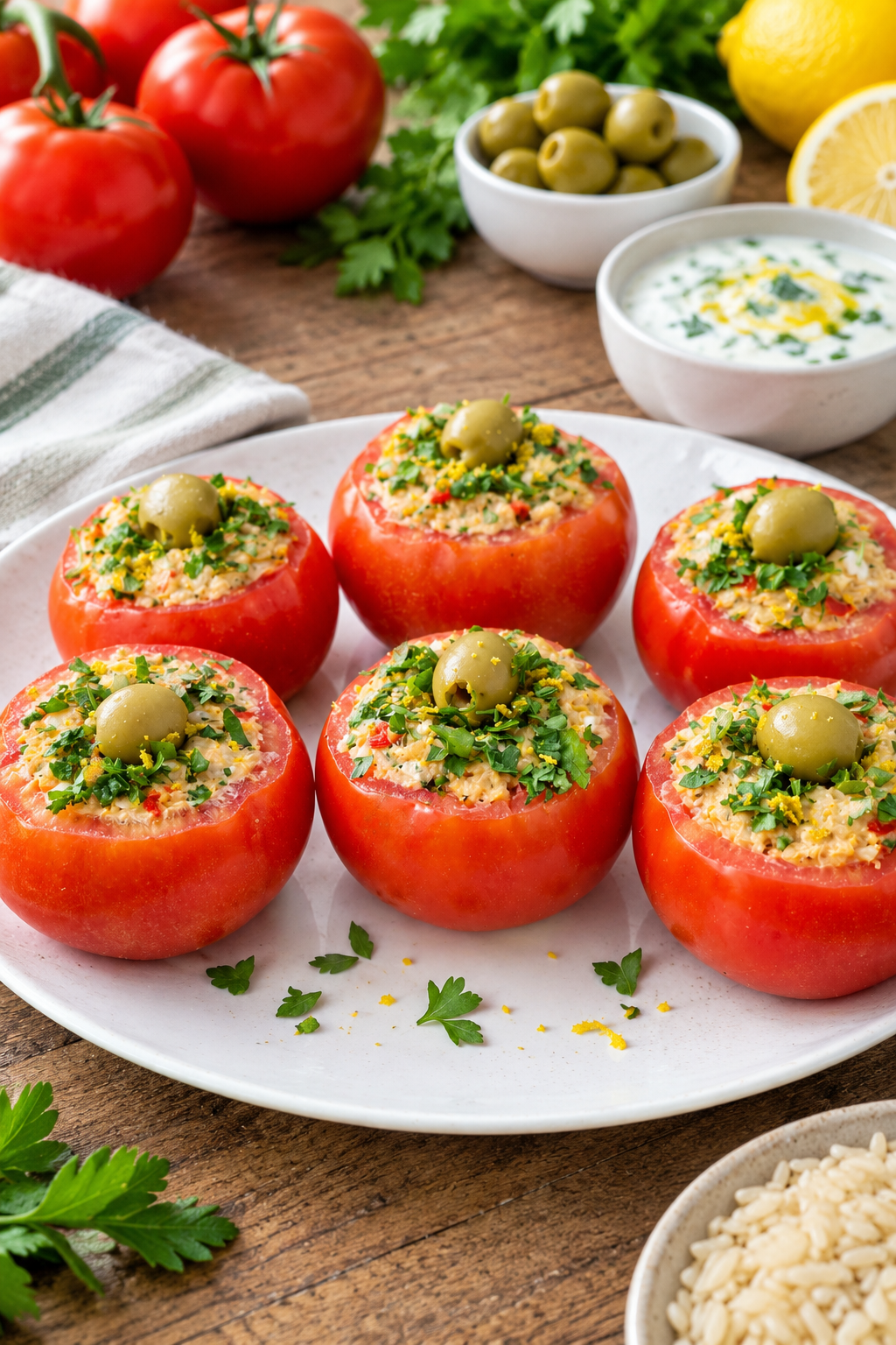 Tomates rellenos de merluza, arroz yamani y yogur griego