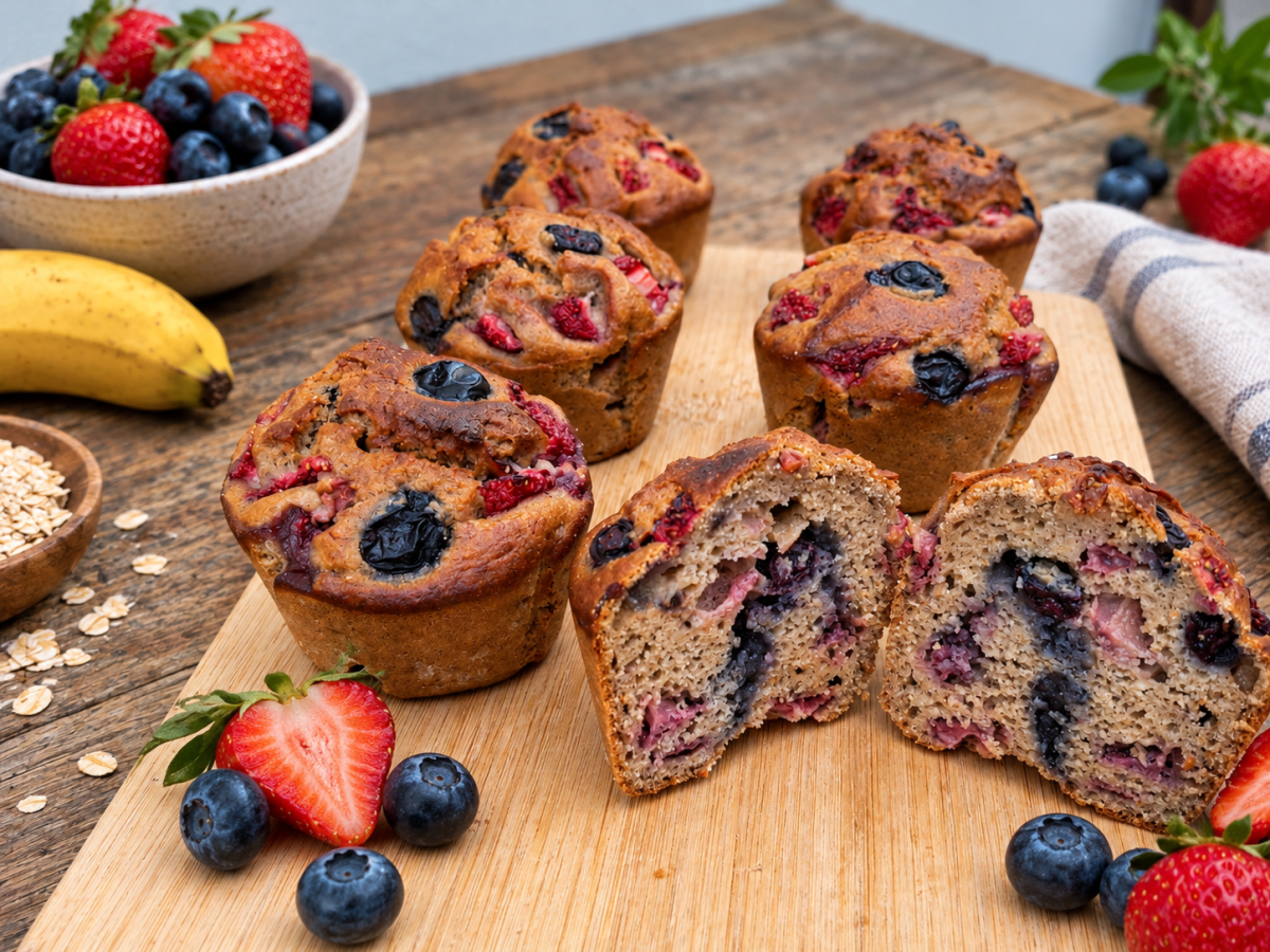 Muffins integrales de banana y frutos rojos