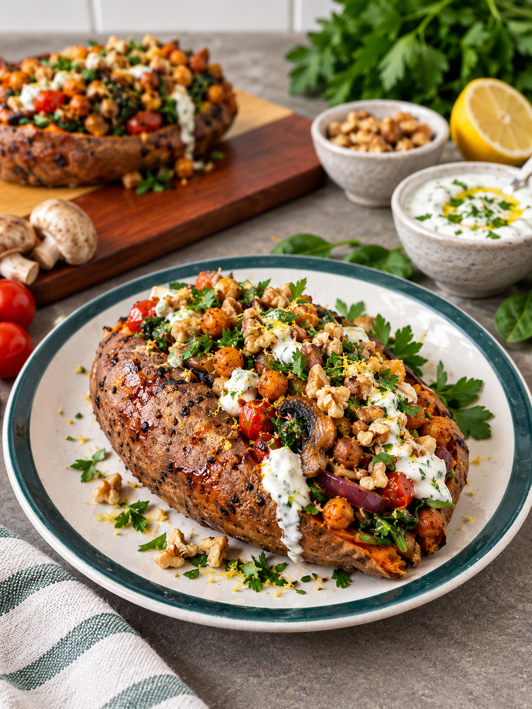 Boniatos rellenos con garbanzos crocantes y verduras asadas